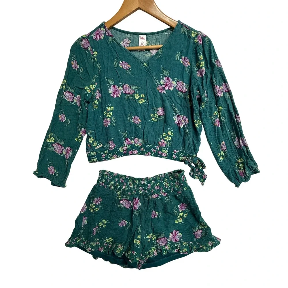 Justice Girls L 12/14 Floral 2 Pc Shorts Set Wrap Crop Top Green Boho Outfit